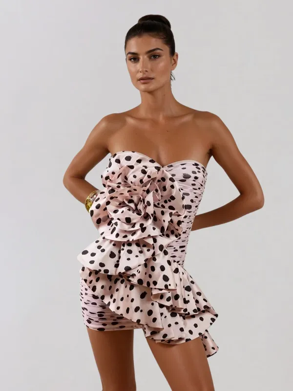 Nythera Strapless Flower Dot Ruffle Mini Dress sold by Mew Mews