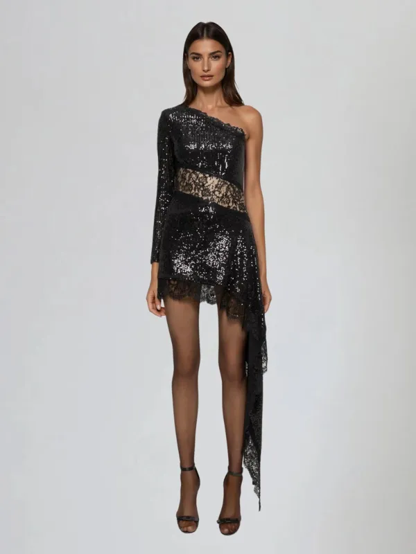 Ekmanix One Shoulder Lace Sequin Mini Dress sold by Mew Mews