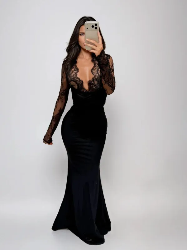 Turbulon Plunge Neck Lace Maxi Dress sold by Mew Mews