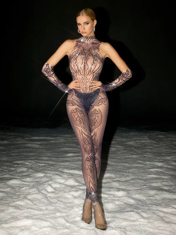 Natesa Rhinestone Mesh Jumpsuit sold by Mew Mews