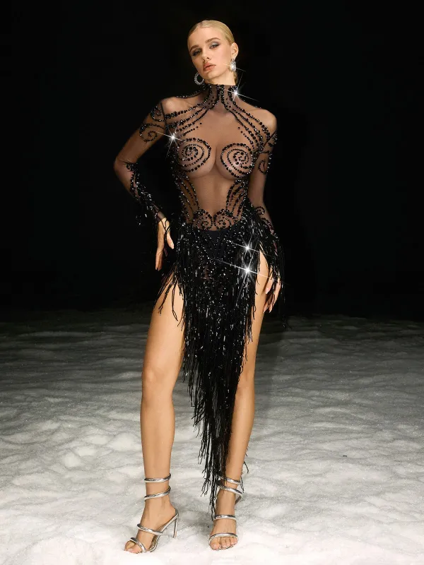 Nathari Rhinestone Fringe Mesh Dress sold by Mew Mews