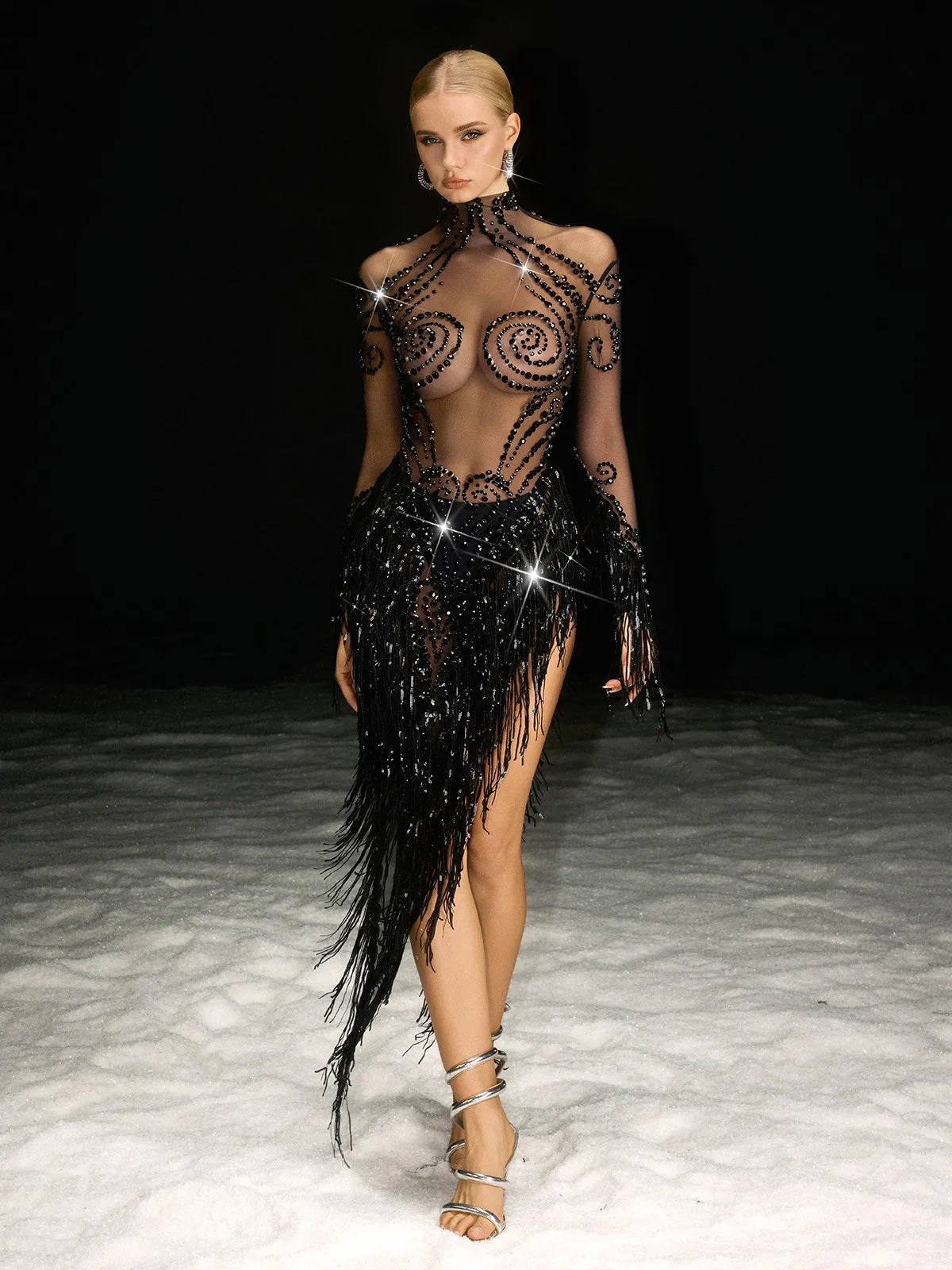 Nathari Rhinestone Fringe Mesh Dress sold by Mew Mews product image thumbnail 3