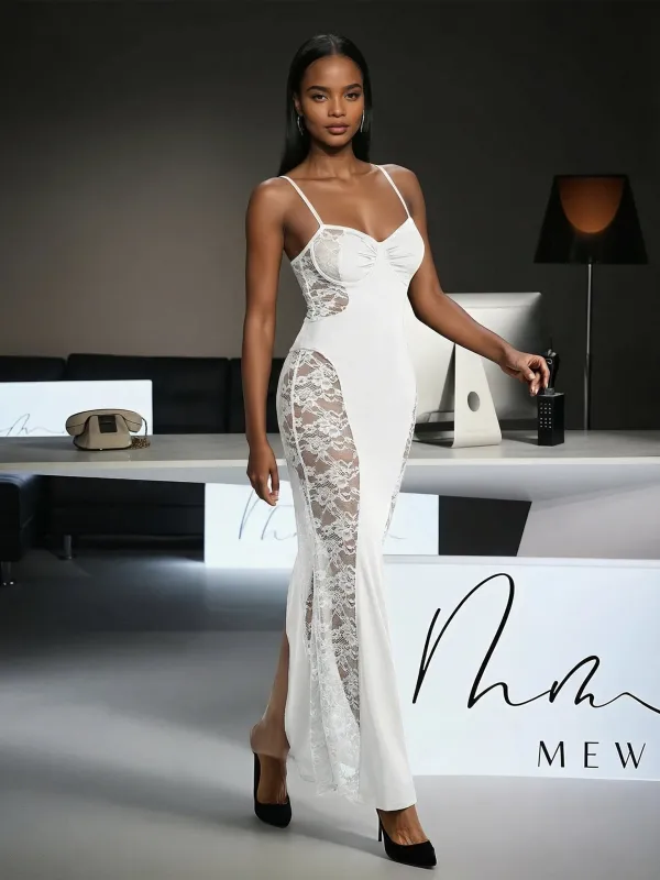 Velyxra Spaghetti Lace Maxi Dress In White sold by Mew Mews