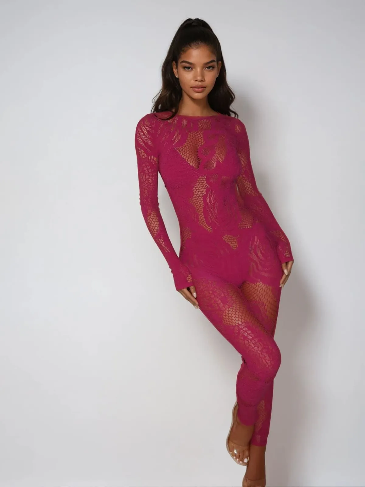 Quasarion Long Sleeve Lace Floral Jumpsuit In Red sold by Mew Mews product image thumbnail 3