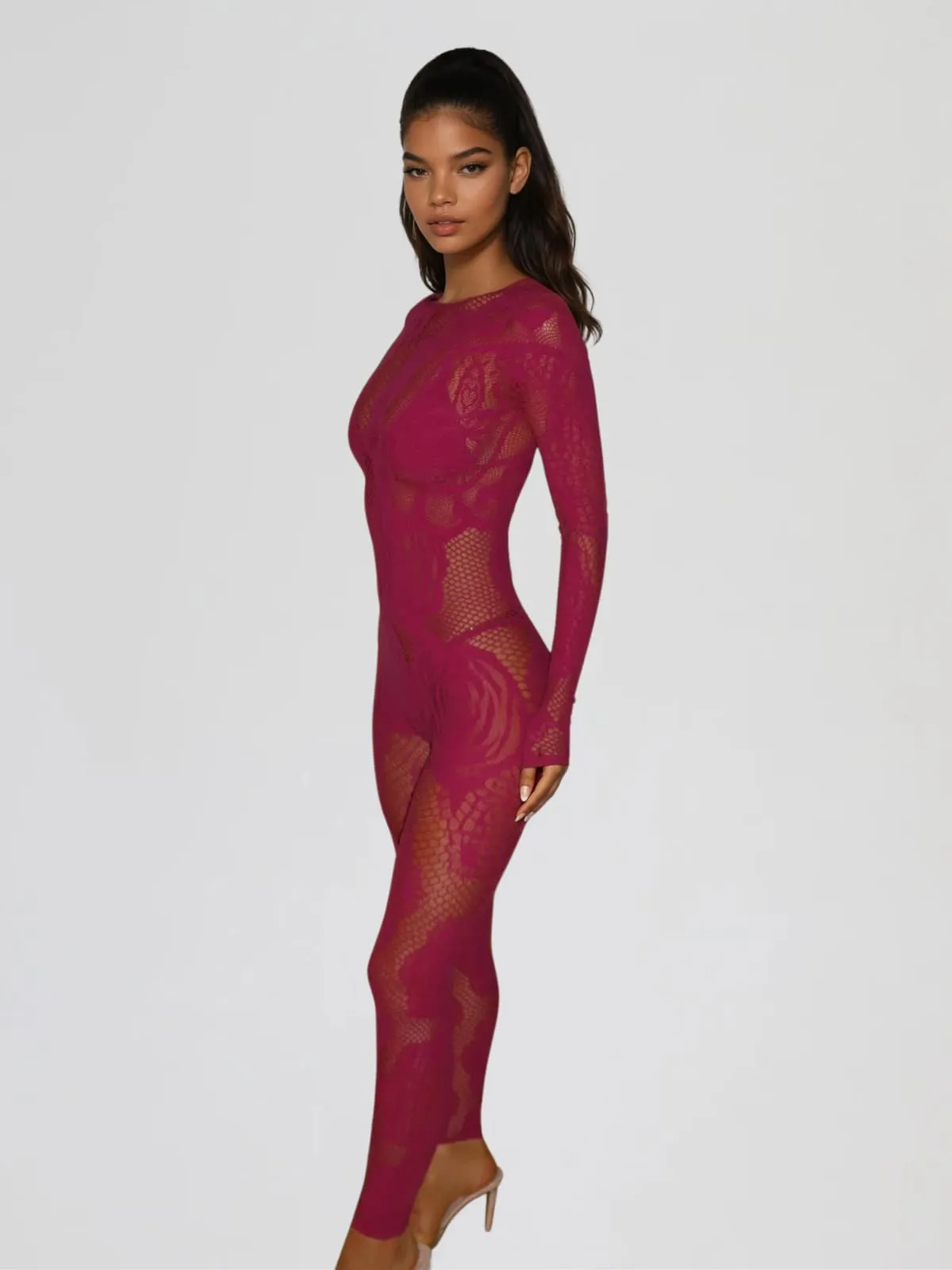 Quasarion Long Sleeve Lace Floral Jumpsuit In Red sold by Mew Mews product image thumbnail 4