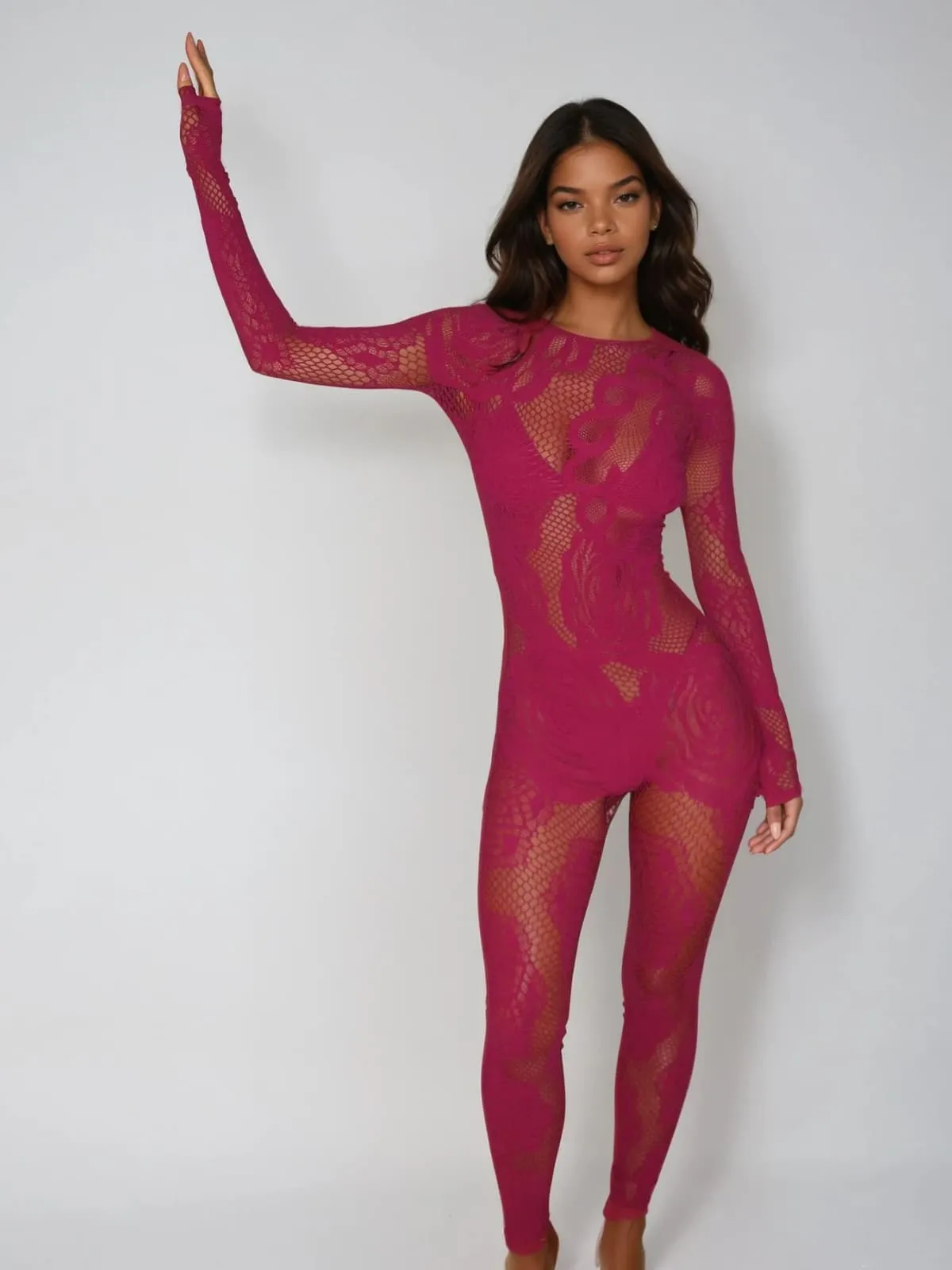 Quasarion Long Sleeve Lace Floral Jumpsuit In Red sold by Mew Mews product image thumbnail 2