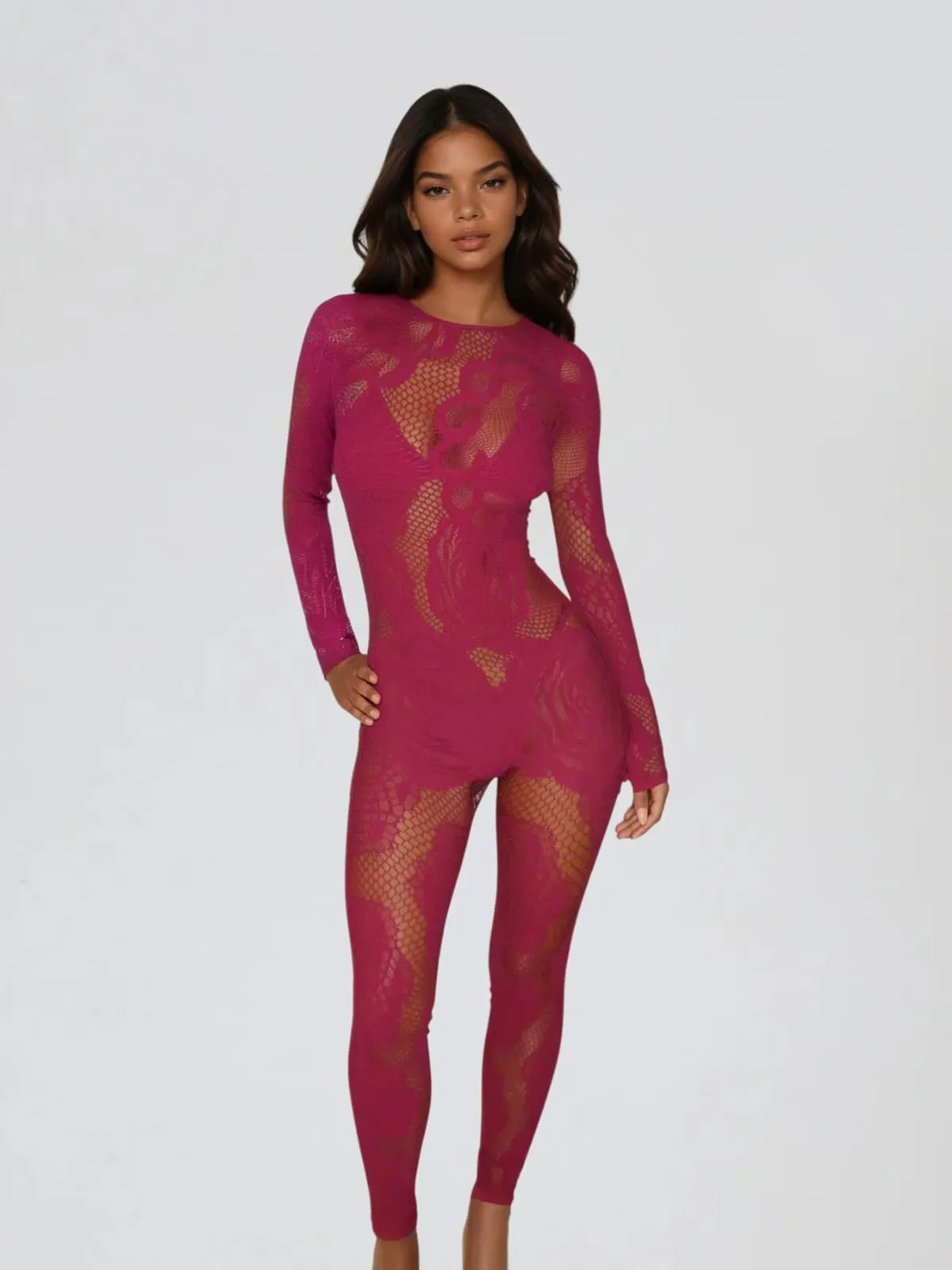 Quasarion Long Sleeve Lace Floral Jumpsuit In Red sold by Mew Mews