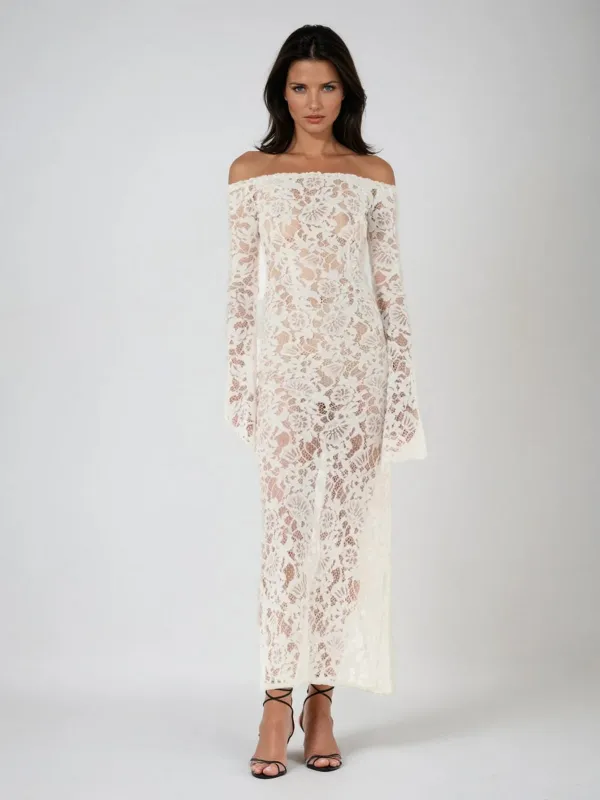 Exomoonix Off Shoulder Lace Maxi Dress sold by Mew Mews