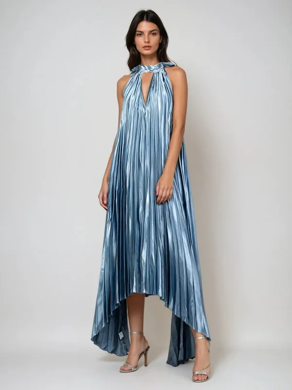 Graphenor Backless Pleated Metallic Maxi Dress made by Mew Mews