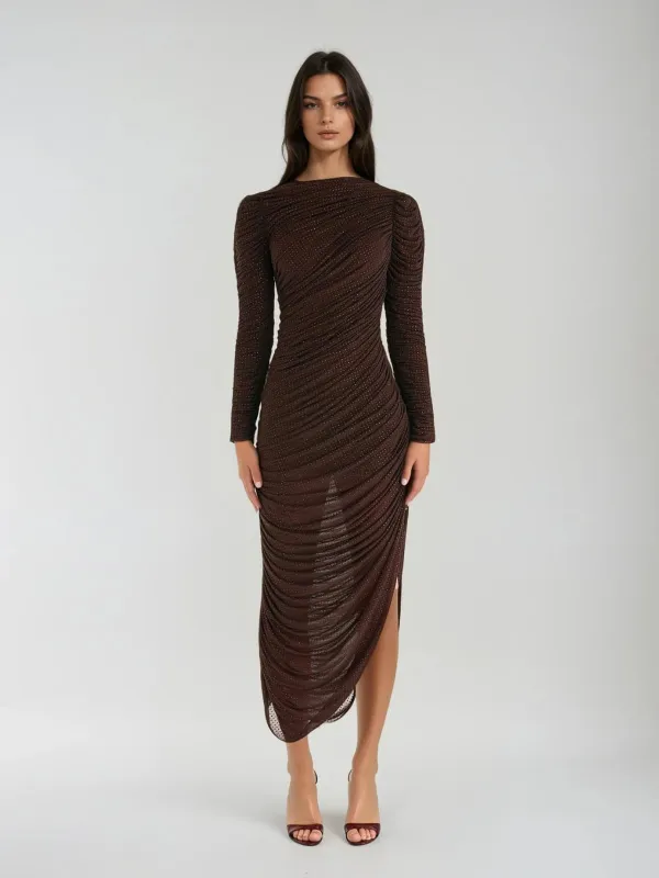 Fullerenor Long Sleeve Rhinestone Ruched Maxi Dress sold by Mew Mews