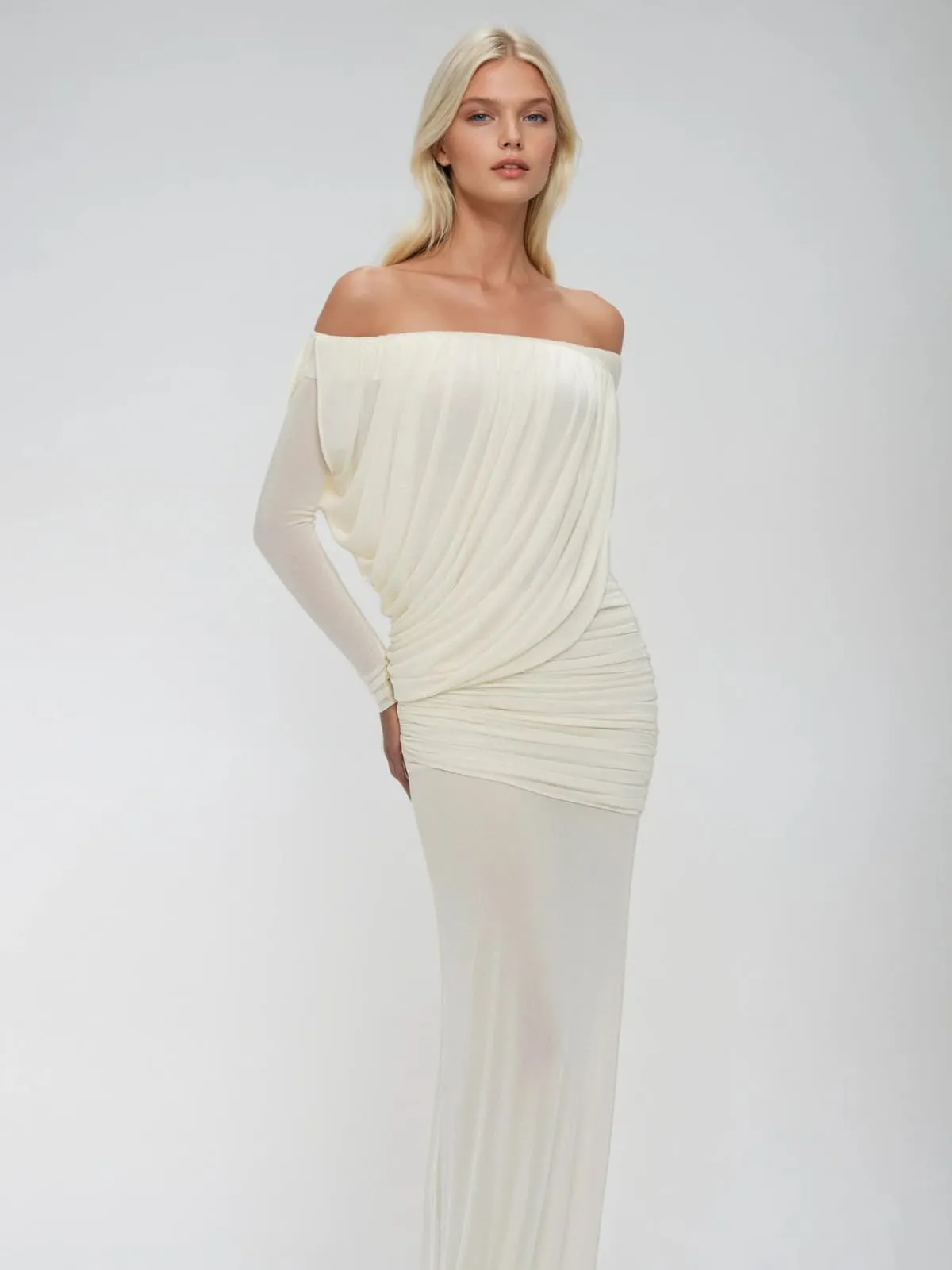 Upwellix Off Shoulder Draped Mesh Maxi Dress In White sold by Mew Mews product image thumbnail 3