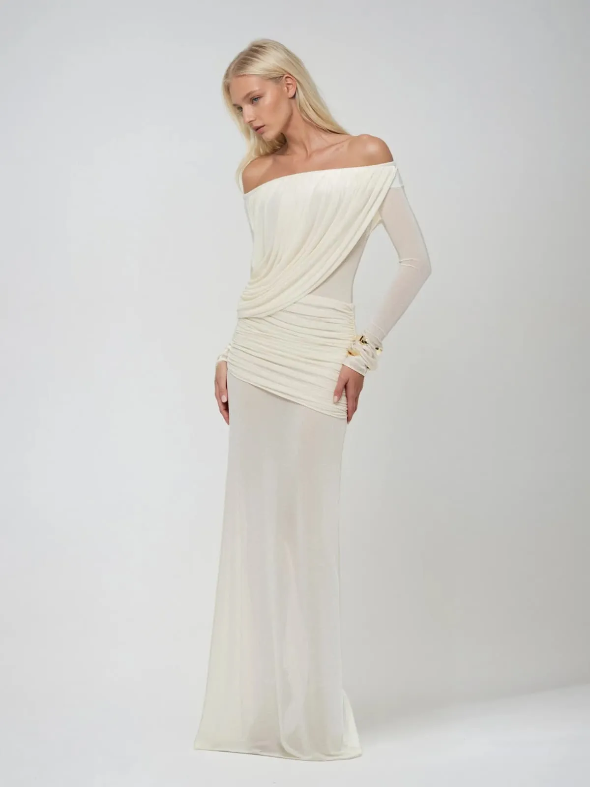 Upwellix Off Shoulder Draped Mesh Maxi Dress In White sold by Mew Mews product image thumbnail 4