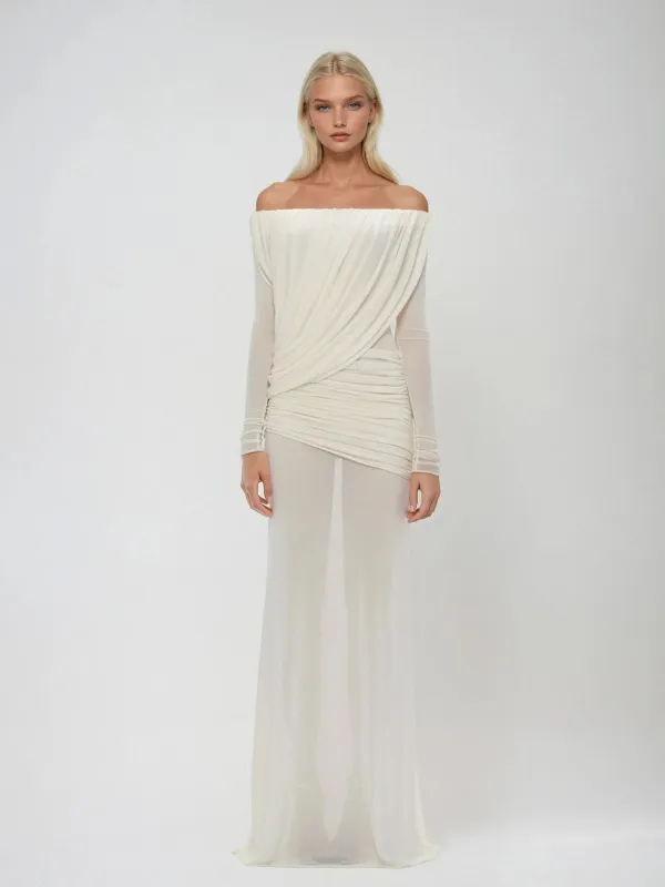 Upwellix Off Shoulder Draped Mesh Maxi Dress In White made by Mew Mews
