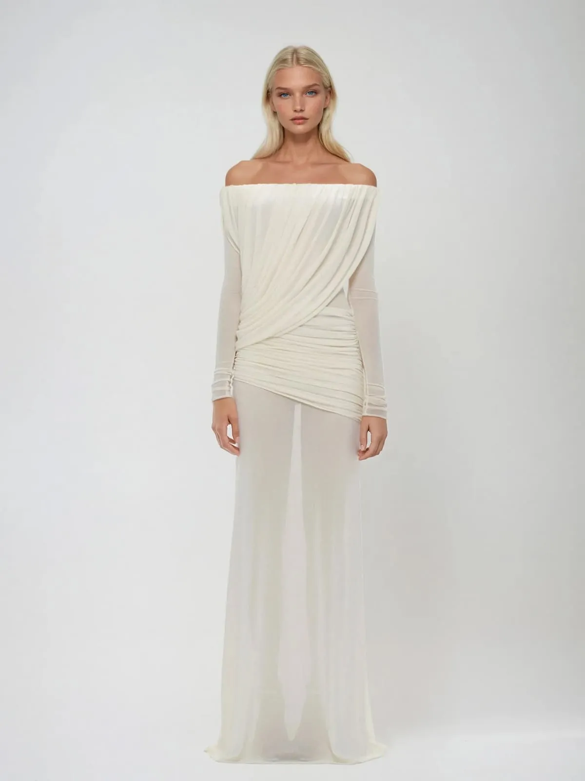 Upwellix Off Shoulder Draped Mesh Maxi Dress In White sold by Mew Mews