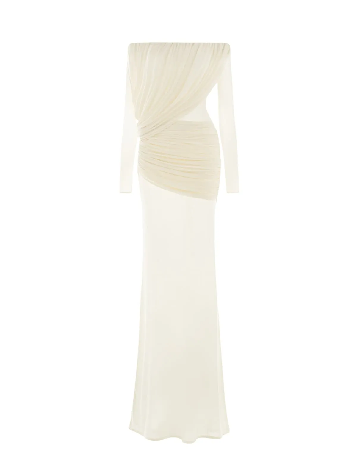 Upwellix Off Shoulder Draped Mesh Maxi Dress In White sold by Mew Mews product image thumbnail 5