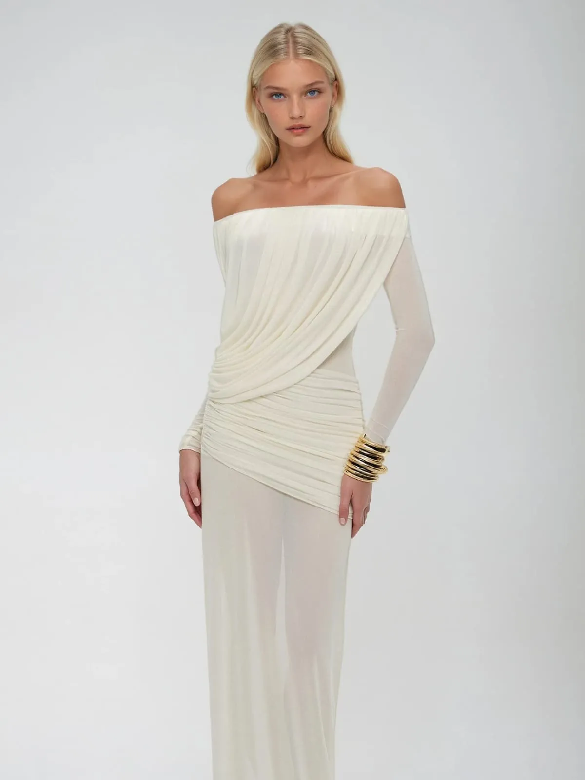 Upwellix Off Shoulder Draped Mesh Maxi Dress In White sold by Mew Mews product image thumbnail 2