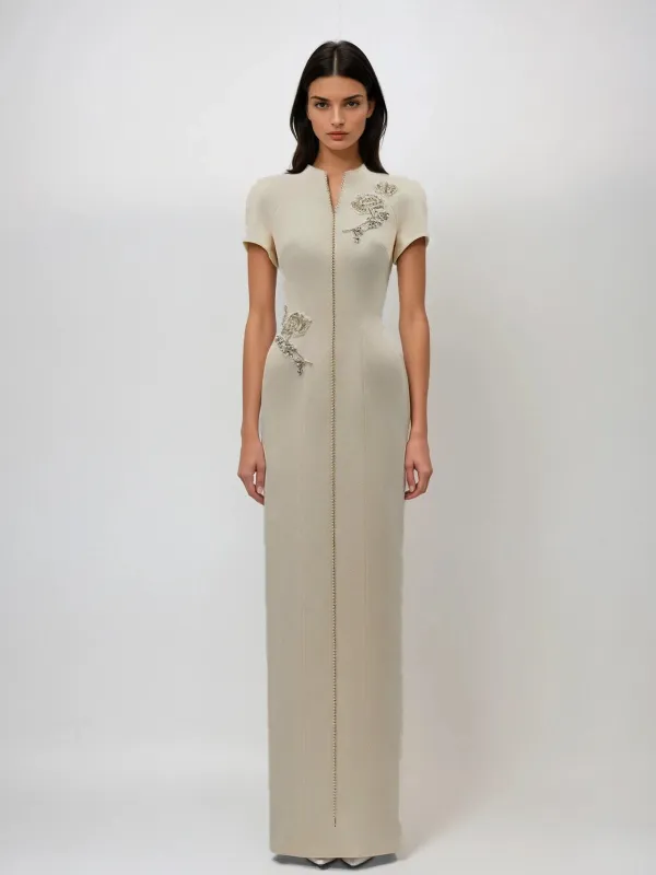 Myelinix Short Sleeve Rhinestone Flower Maxi Dress sold by Mew Mews