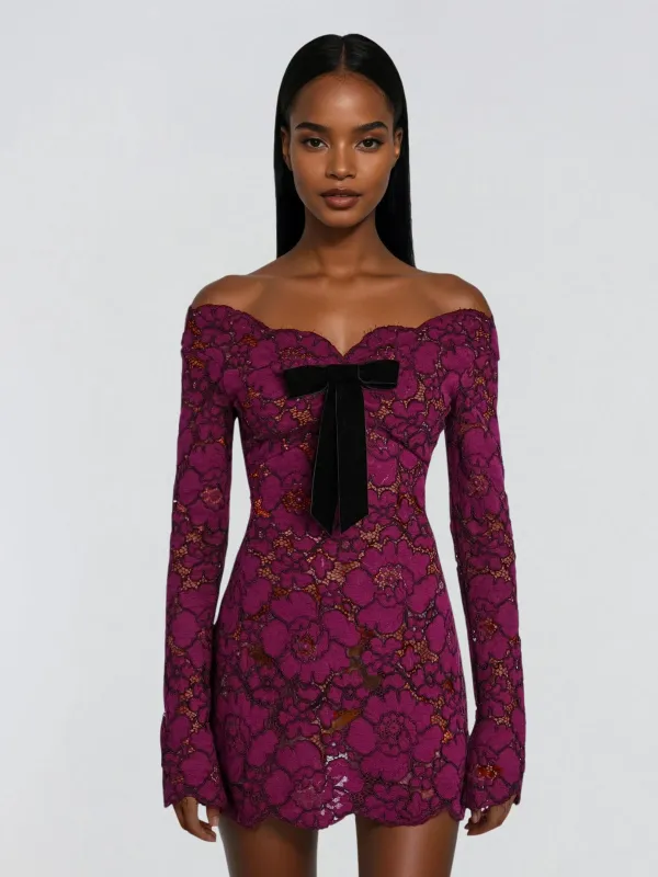 Bononix Off Shoulder Floral Bow Mini Dress sold by Mew Mews