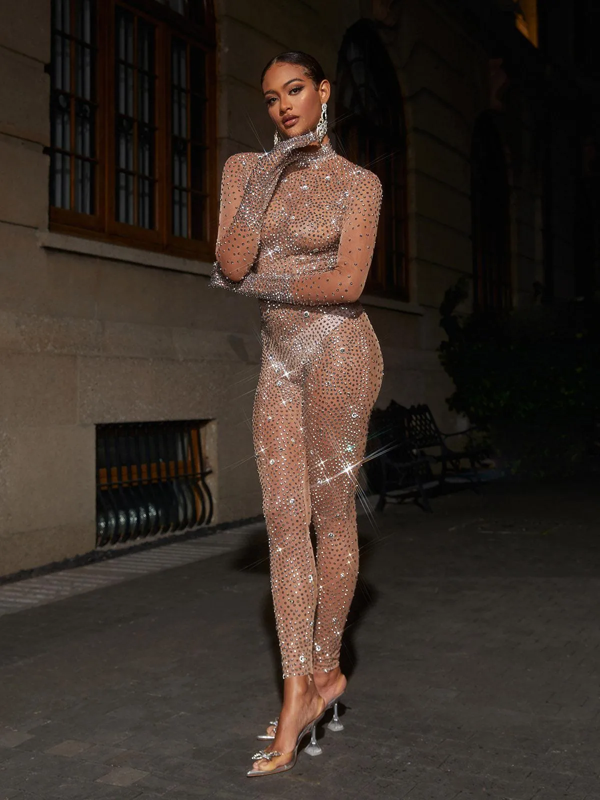 Ally Rhinestone Mesh Jumpsuit In Dark Nude sold by Mew Mews product image thumbnail 3