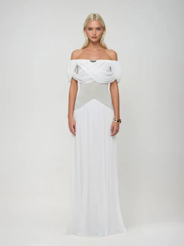 Plasmonix Off Shoulder Pleated Maxi Dress sold by Mew Mews