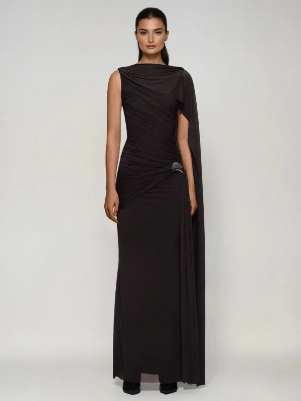 Isyra Sleeveless Cape Ruched Maxi Dress sold by Mew Mews