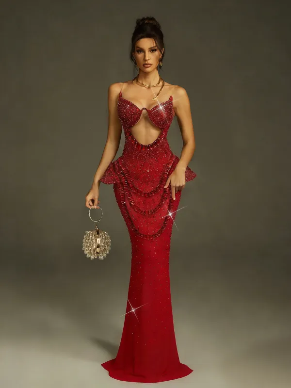Arygon Strapless Cutout Crystal Maxi Dress In Red sold by Mew Mews