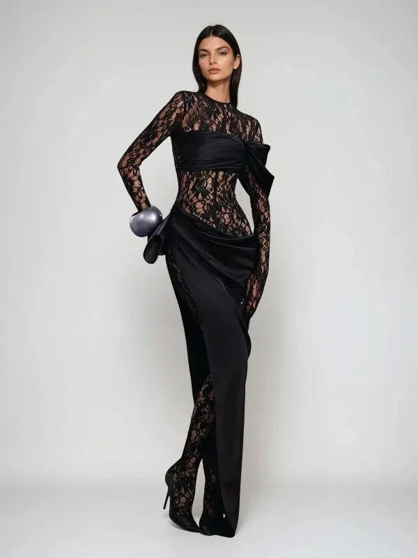 Rendris Long Sleeve Lace Maxi Dress In Black made by Mew Mews
