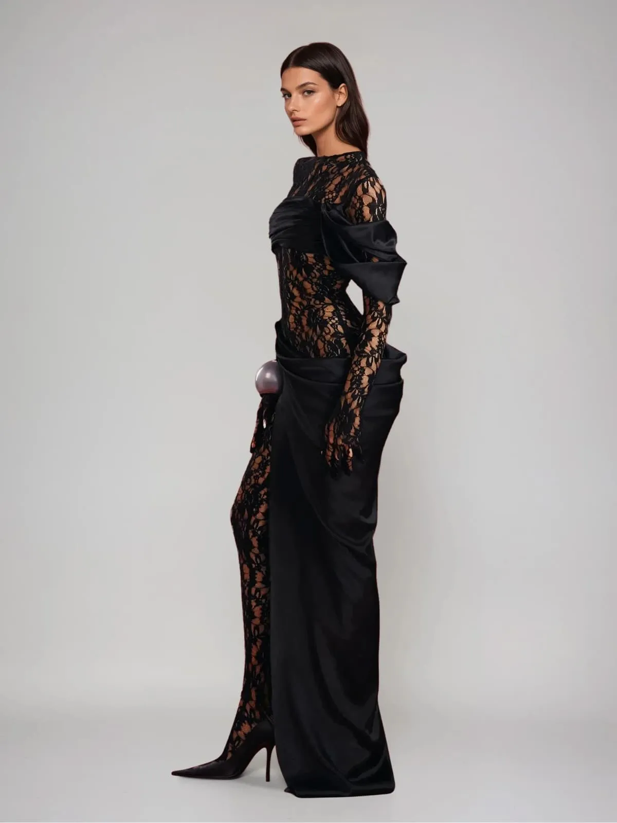 Rendris Long Sleeve Lace Maxi Dress In Black sold by Mew Mews product image thumbnail 3