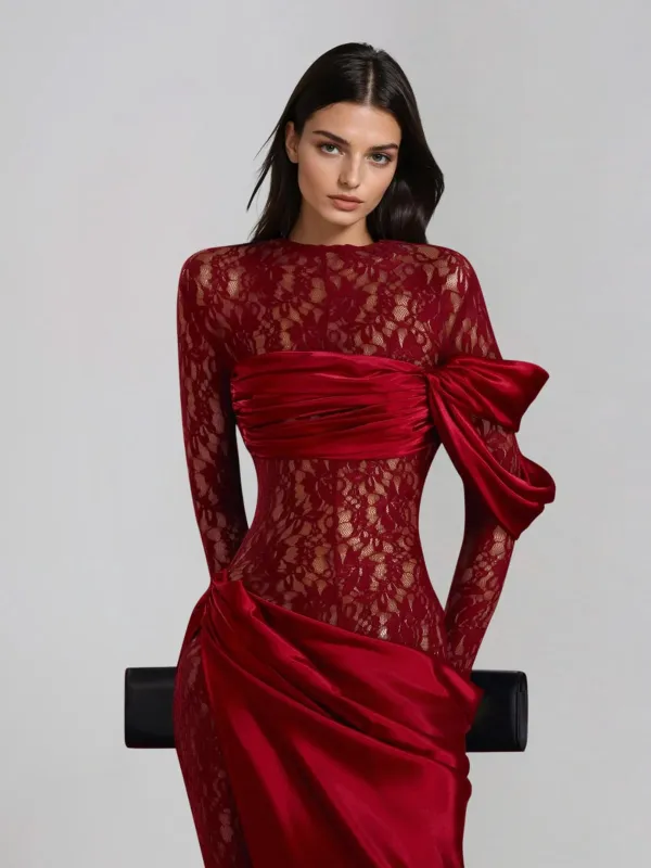 Rendris Long Sleeve Lace Maxi Dress In Wine sold by Mew Mews