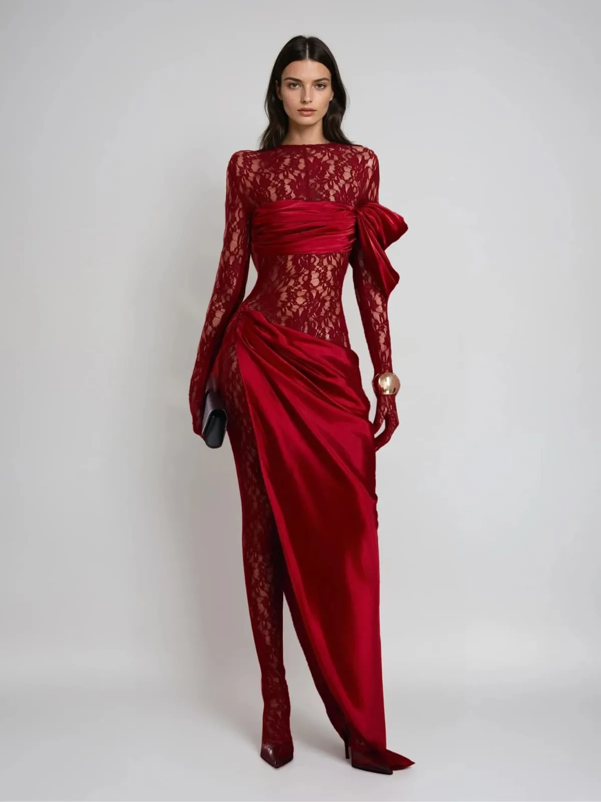 Rendris Long Sleeve Lace Maxi Dress In Wine sold by Mew Mews product image thumbnail 2