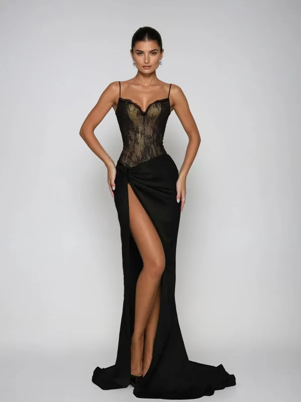 Luxaryn Spaghetti Lace Split Maxi Dress sold by Mew Mews