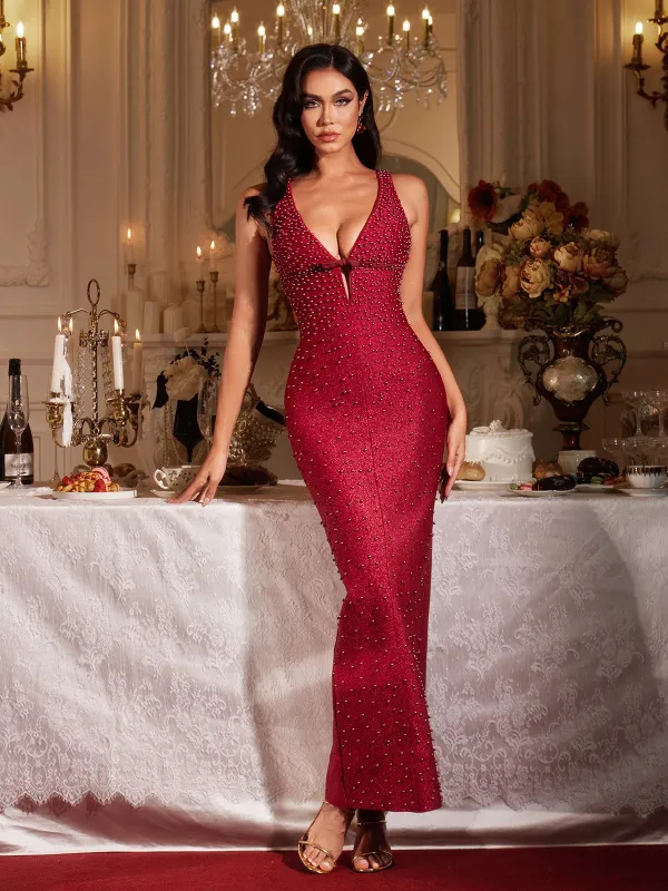 Finnbar Plunge Neck Pearl Maxi Dress sold by Mew Mews