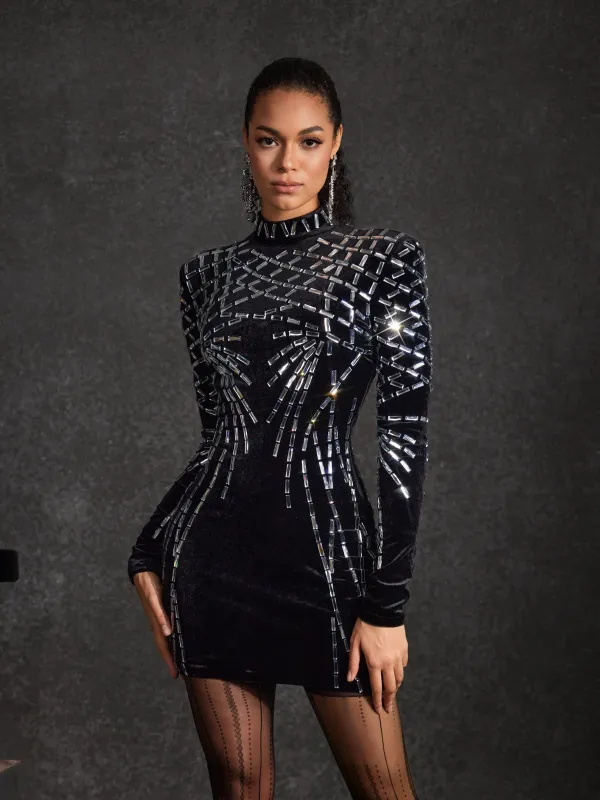 Behnam Long Sleeve Rhinestone Velvet Dress sold by Mew Mews
