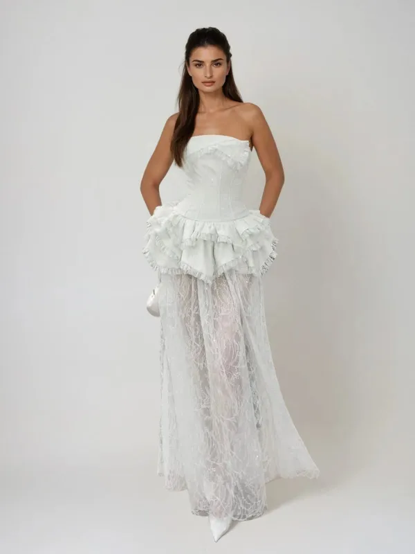 Dirox Strapless Lace Ruffle Maxi Dress sold by Mew Mews