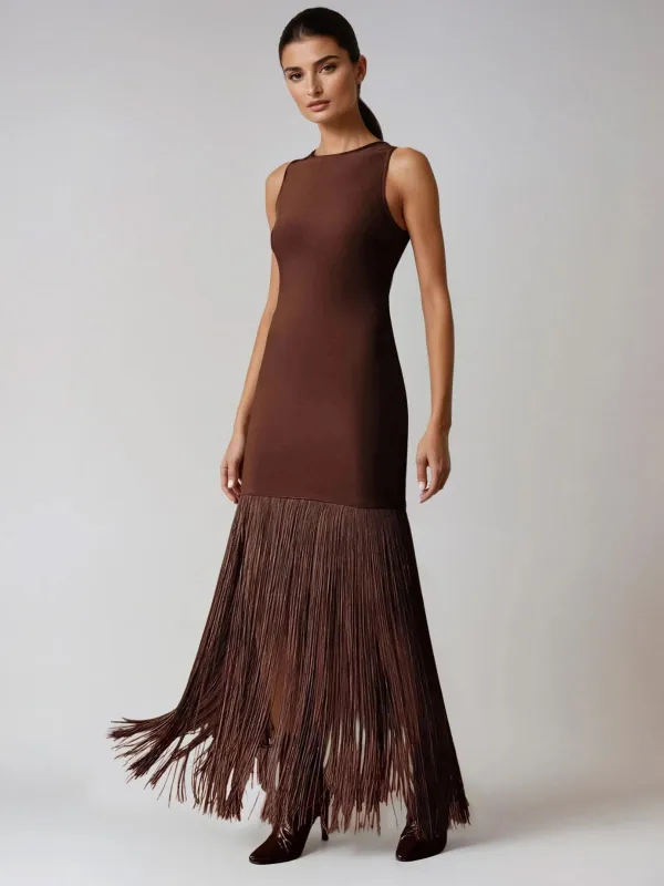 Cenlor Sleeveless Fringe Bandage Maxi Dress made by Mew Mews