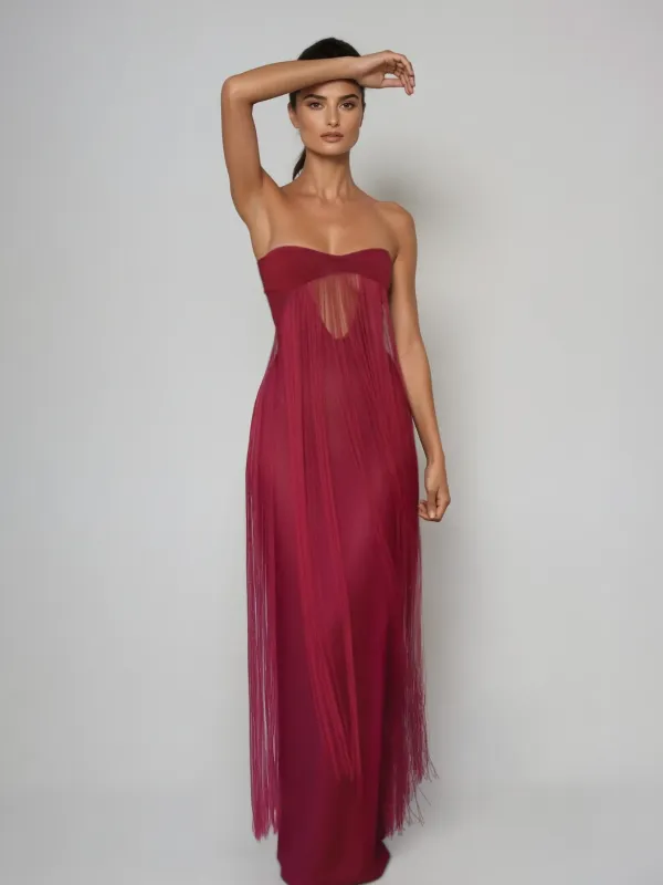 Klyven Strapless Cutout Fringe Maxi Dress sold by Mew Mews