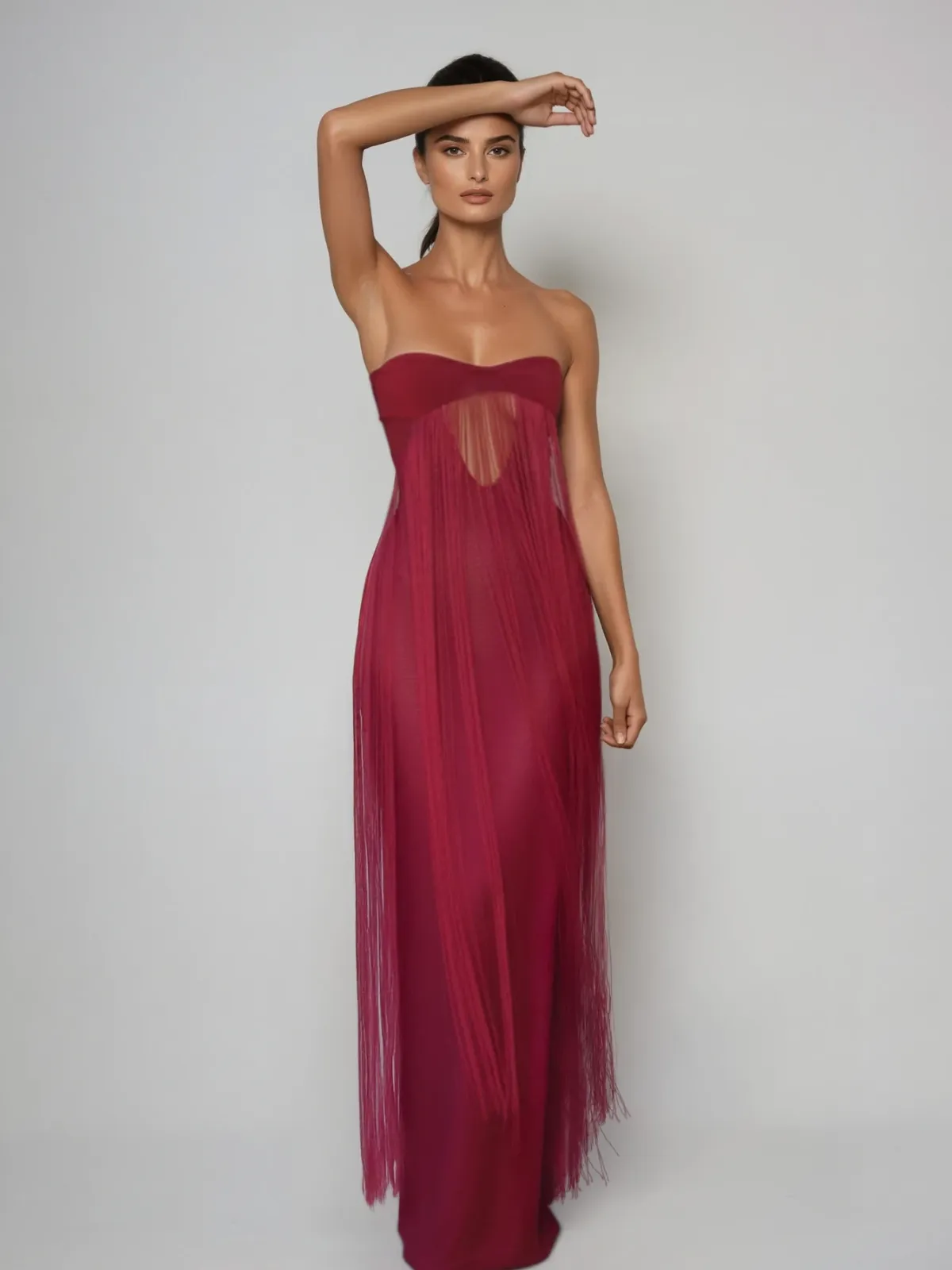 Klyven Strapless Cutout Fringe Maxi Dress sold by Mew Mews