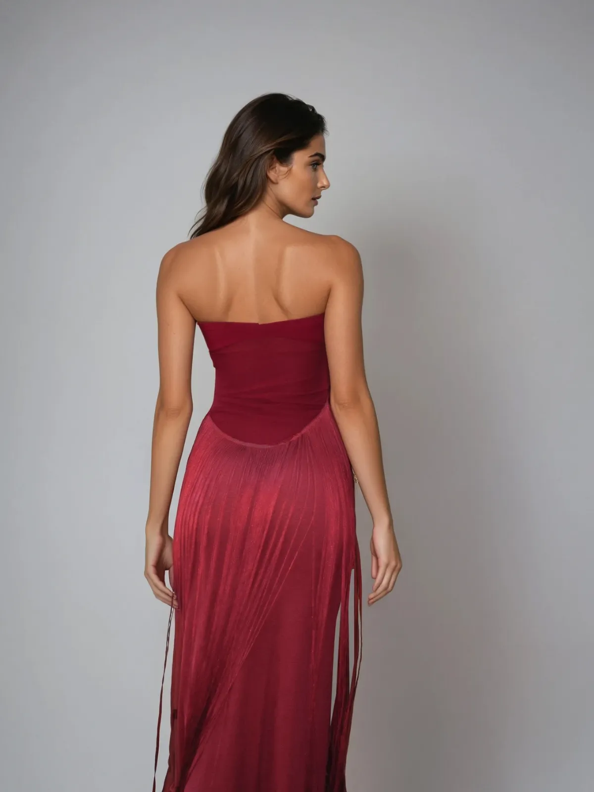 Klyven Strapless Cutout Fringe Maxi Dress sold by Mew Mews product image thumbnail 4