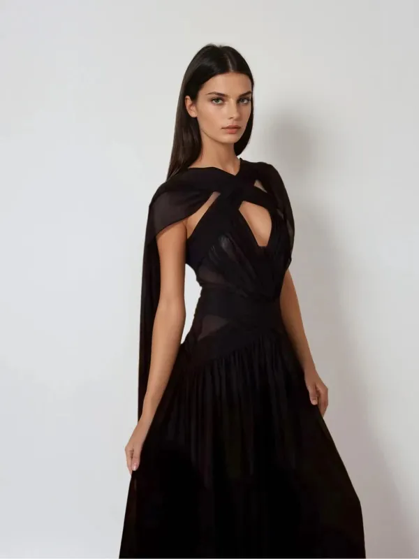 Eryvon Backless Draped Mesh Maxi Dress sold by Mew Mews
