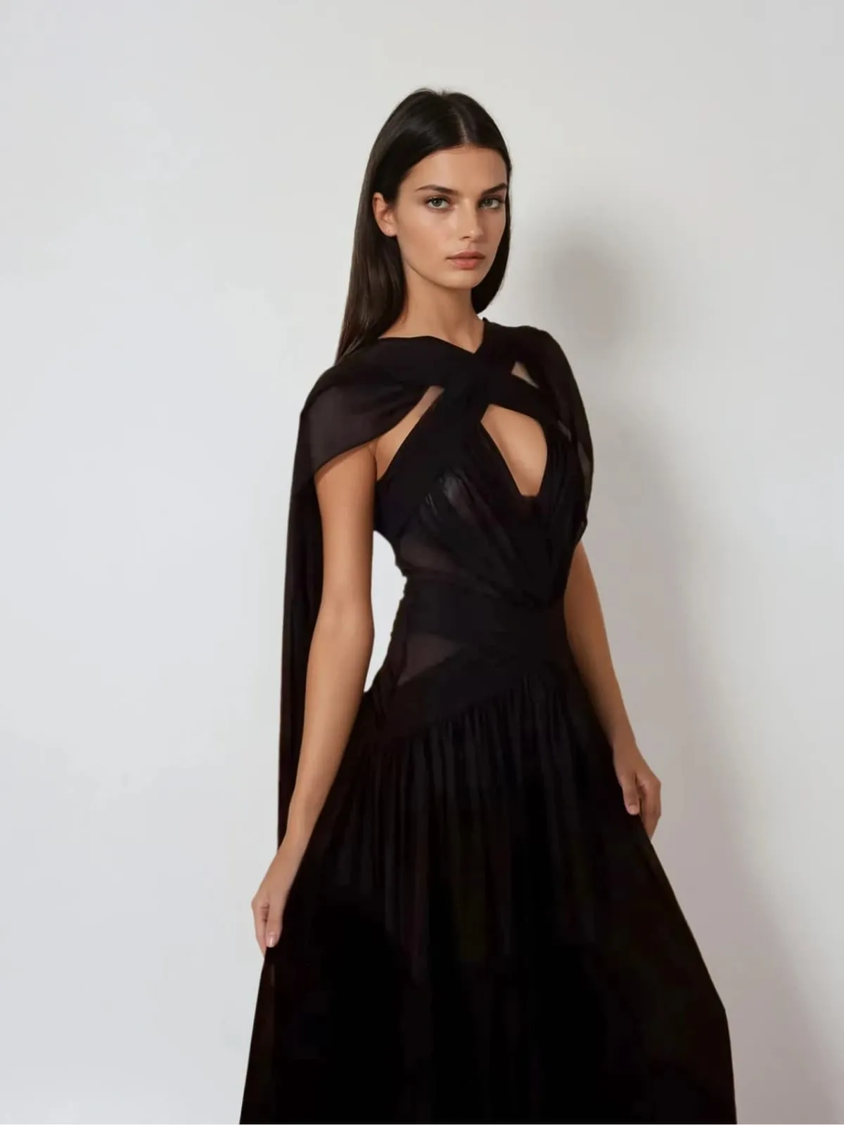 Eryvon Backless Draped Mesh Maxi Dress sold by Mew Mews