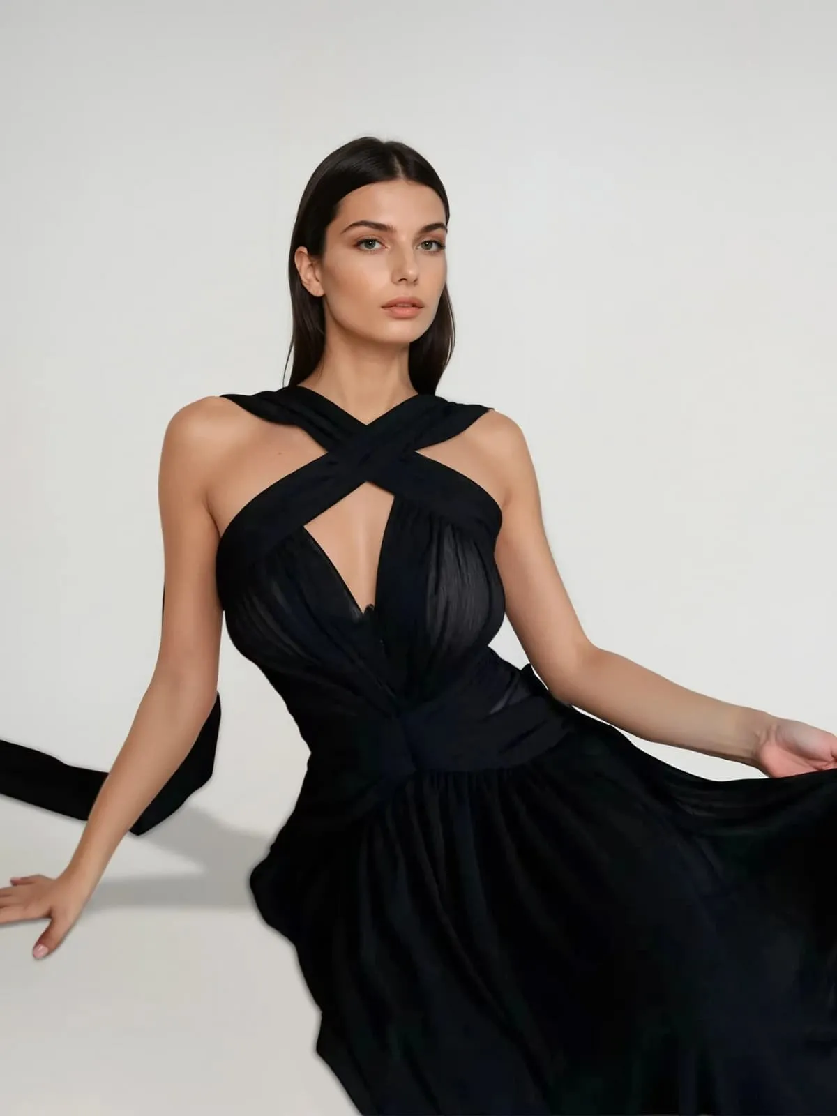 Eryvon Backless Draped Mesh Maxi Dress sold by Mew Mews product image thumbnail 4