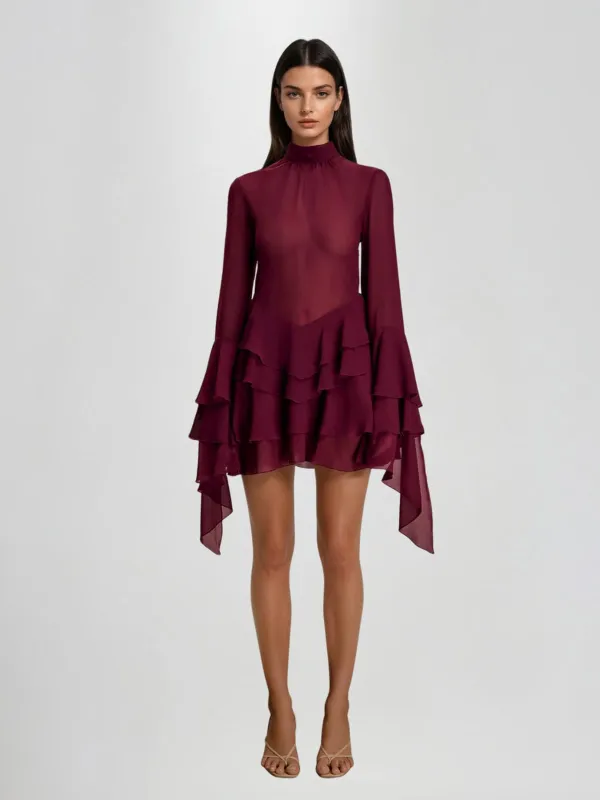 Rixora Bell Sleeve Ruffle Tiered Mini Dress sold by Mew Mews
