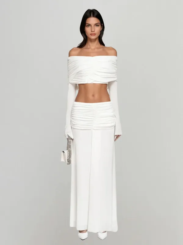 Tarnyx Off Shoulder Ruched Skirt Set In White sold by Mew Mews