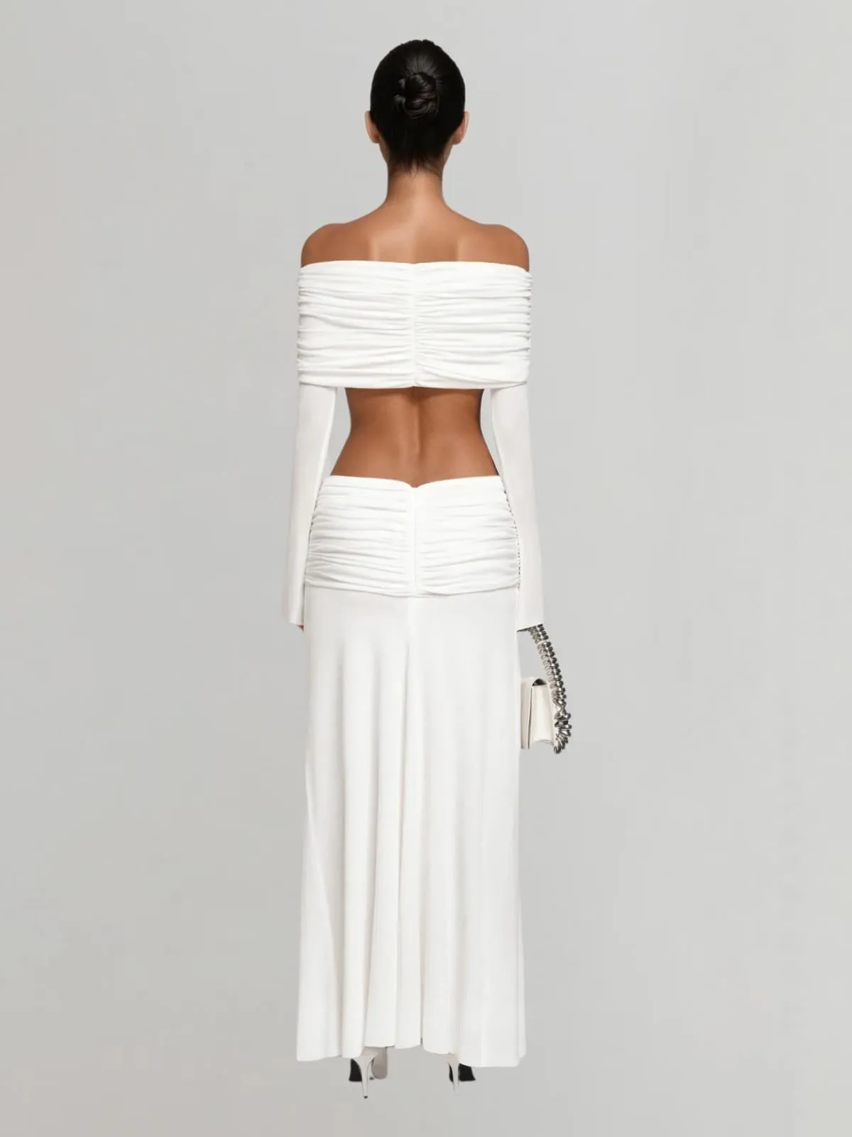 Tarnyx Off Shoulder Ruched Skirt Set In White sold by Mew Mews product image thumbnail 3