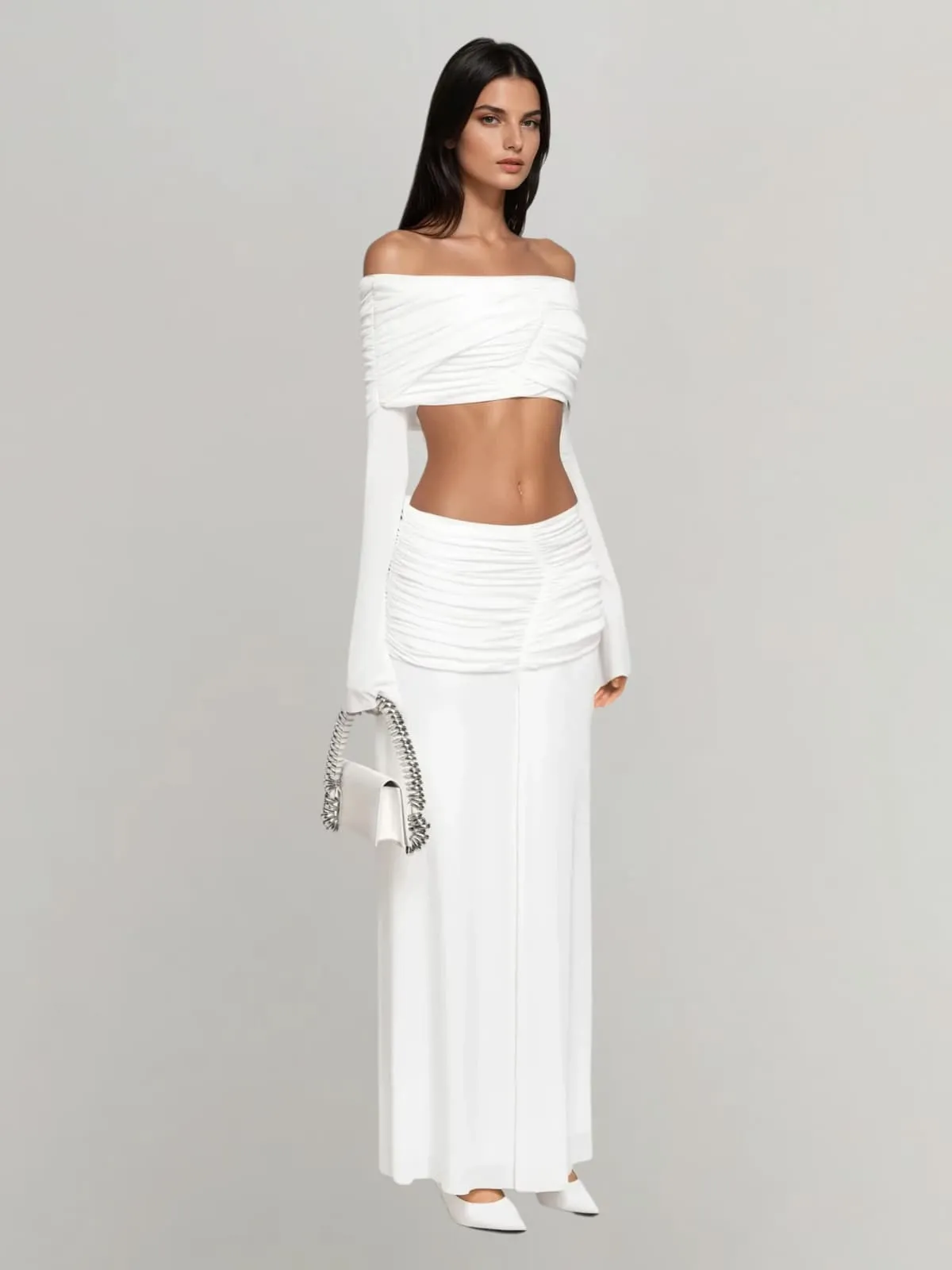 Tarnyx Off Shoulder Ruched Skirt Set In White sold by Mew Mews product image thumbnail 2
