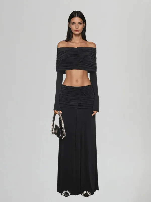 Tarnyx Off Shoulder Ruched Skirt Set In Black sold by Mew Mews