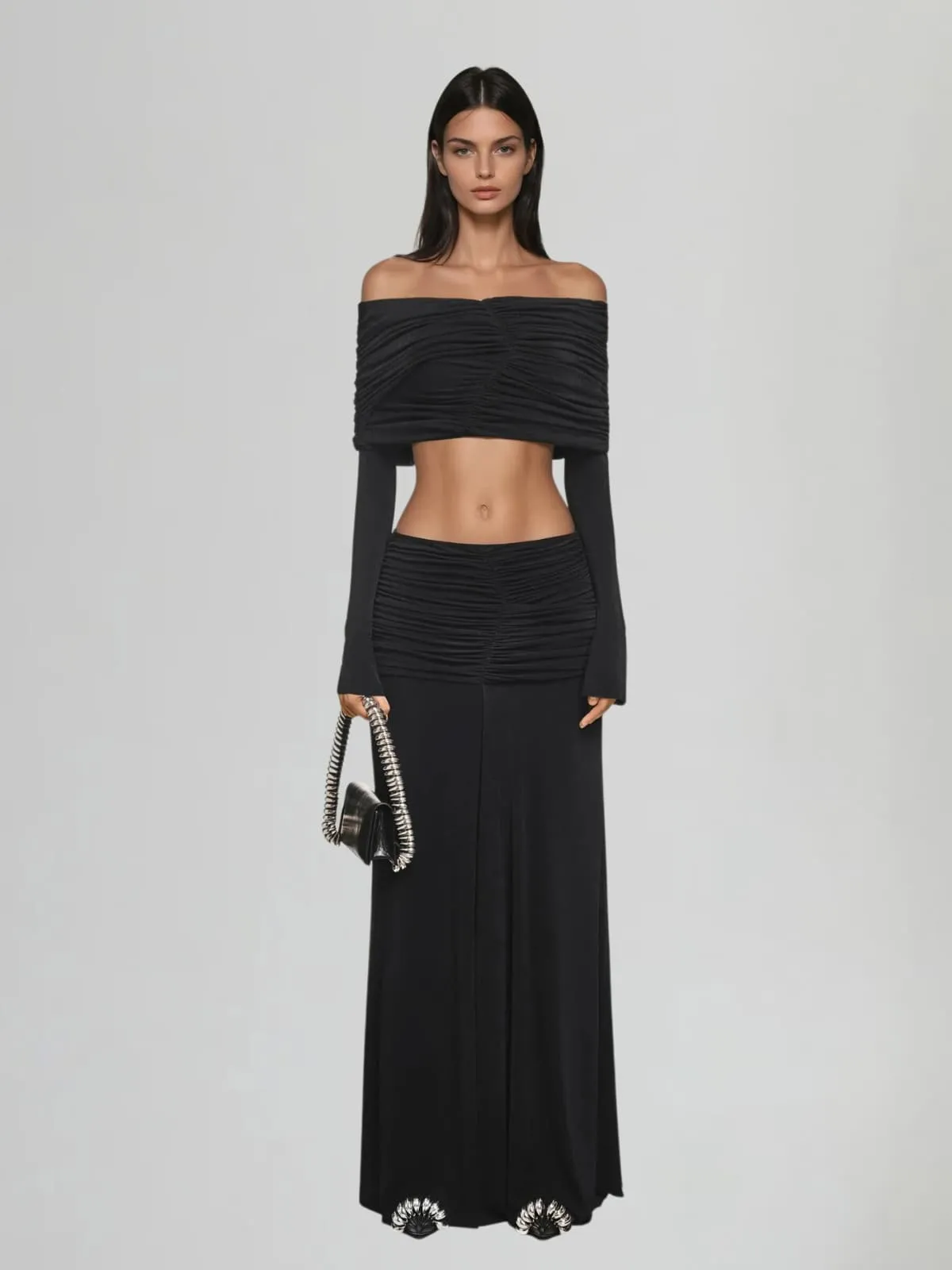 Tarnyx Off Shoulder Ruched Skirt Set In Black sold by Mew Mews