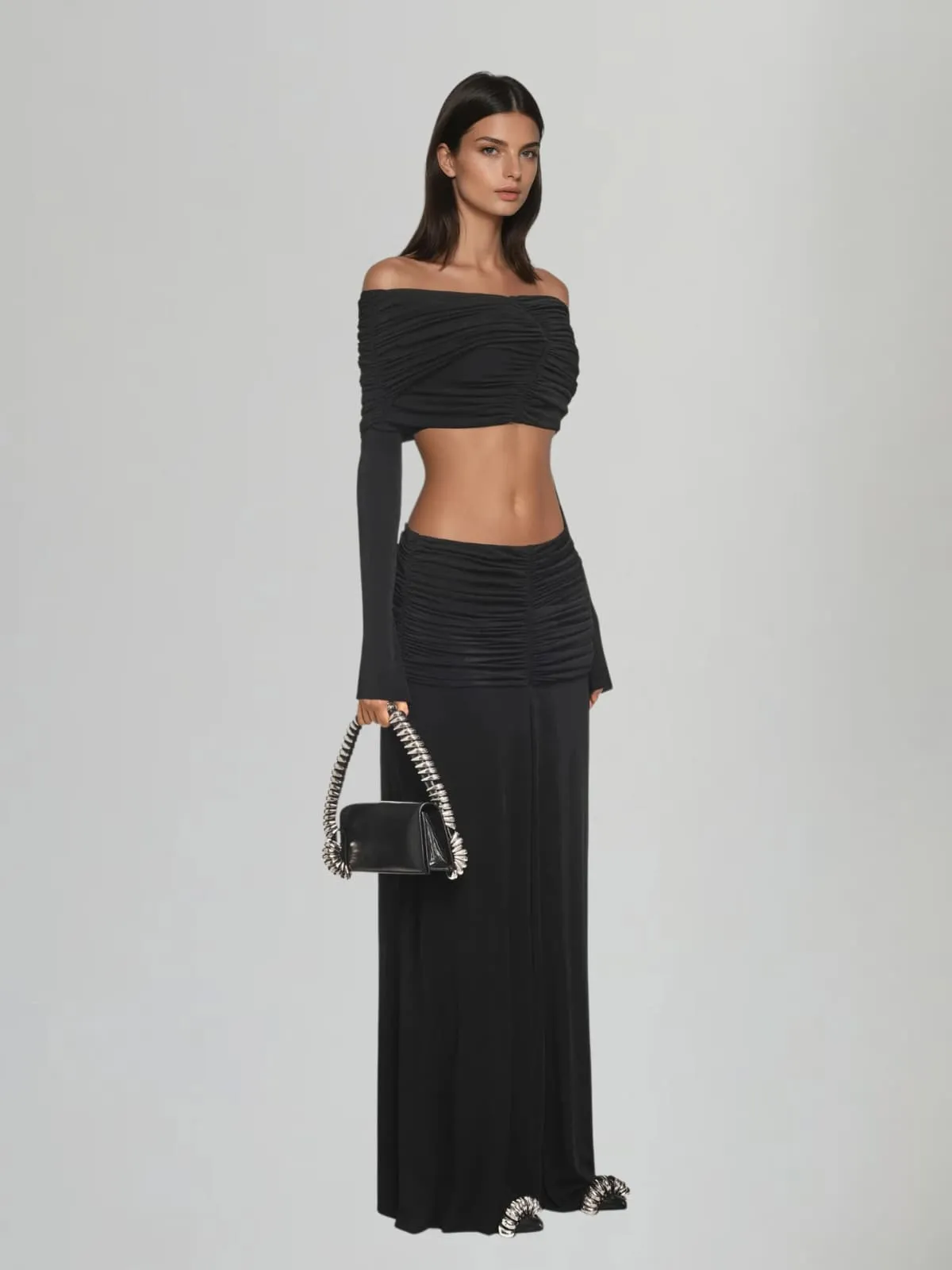 Tarnyx Off Shoulder Ruched Skirt Set In Black sold by Mew Mews product image thumbnail 2