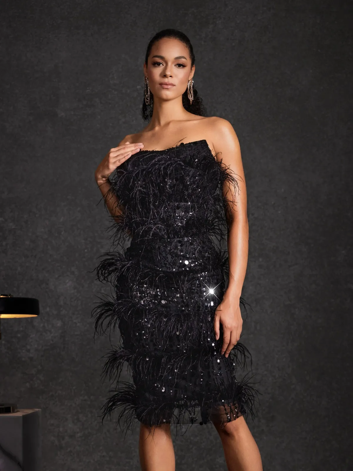 Bazyli Strapless Feather Sequin Midi Dress sold by Mew Mews product image thumbnail 5