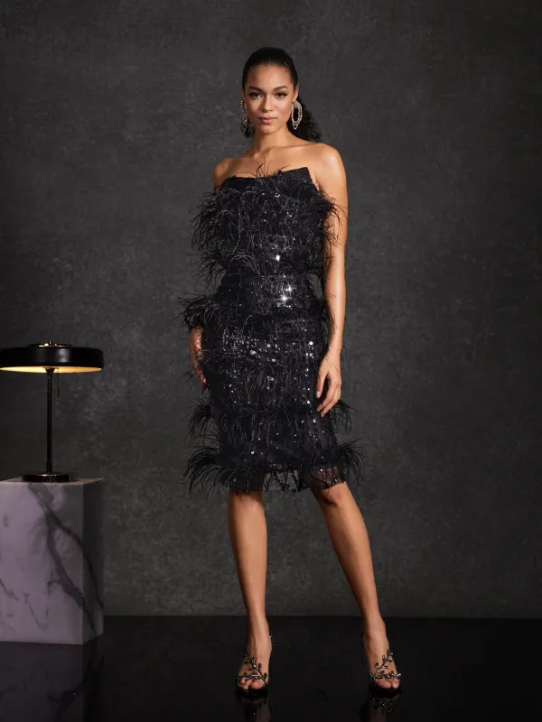 Bazyli Strapless Feather Sequin Midi Dress sold by Mew Mews